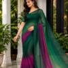 Deep green ombre saree with magenta and purple border for women
