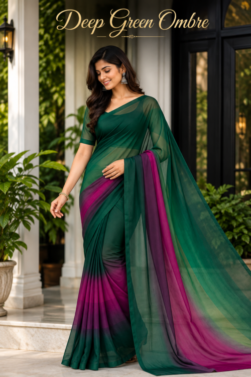 Deep green ombre saree with magenta and purple border for women