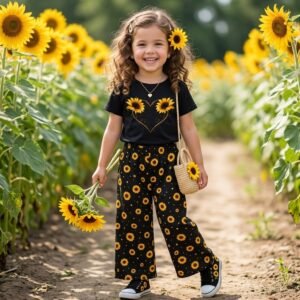 Premium Cotton Blend Kids Black Short Sleeve T-Shirt with Sunflower Heart Graphic Print and Matching Sunflower Printed Wide-Leg Trousers 2-Piece Outfit Set (1 Year - 12 Years)