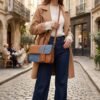 Trendy Dual Tone Denim and PU Leather Crossbody Bag for Women - Stylish Handbag with Top Handle & Shoulder Strap